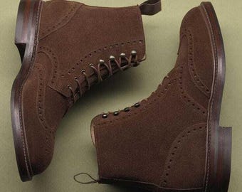 Men's Handmade Suede Ankle Boots: Formal Laced Brown Leather