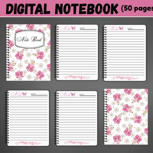 May include: Digital notebook with a pink and white floral design. The cover features the text "Note Book" and a pattern of pink bows, pencils, and flowers. The lined pages include a butterfly and the word "Note". The notebook has 50 pages.