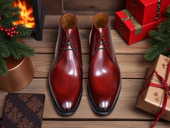 Handmade Burgundy Leather Chukka Boots: Lace-Up Formal Wear