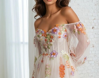 Embroidered Lace Elegant Floral Wedding Dress: Bell Sleeve Boho Bridal Dress