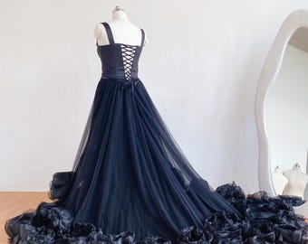 Black Corset Bridal Gown with Tulle Skirt and Organza Flowers
