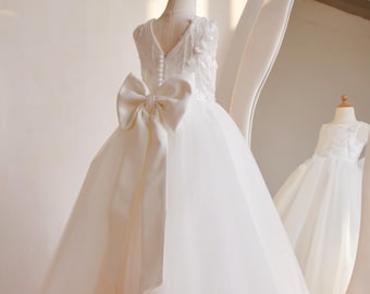Off White Beaded Lace Tulle Girls Communion Dress: Ankle Length Sleeveless Flower Girl Dress