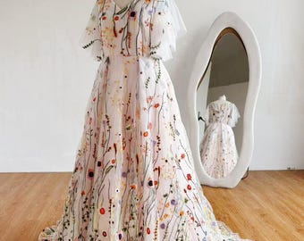 Blush Pink Floral Wedding Dress :Flutter Sleeve V Neckline Embroidered Bridal Gown