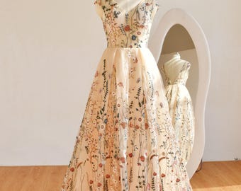 Embroidered Lace Boho Bridal Dress: Wild Flowers Cape Sleeve  Evening Gown/Reception Dresses