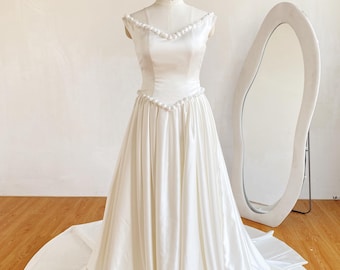 2 Pieces Ivory Off Shoulder Wedding Dress : Silk Corset & Cathedral Train Skirt Reception Dress