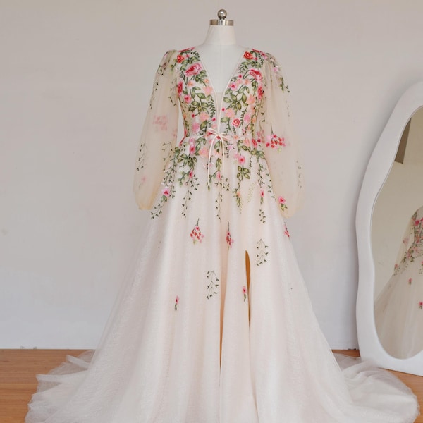 Light Champagne Boho Floral Wedding Dress :Long sleeve A-line Lace Embroidered Bridal Gown