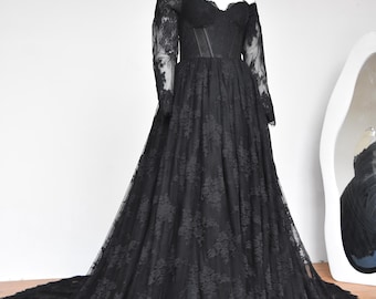 Black Eyelash Lace Wedding Dress: Off Shoulder Long Sleeve Bridal Gown