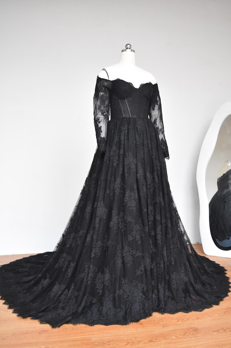 Black Eyelash Lace Wedding Dress: off Shoulder Long Sleeve Bridal Gown ...