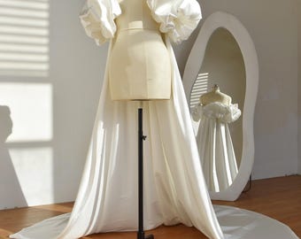 Ivory Satin Bridal Cape: Ruffled Sleeve Wedding Bicep Cape