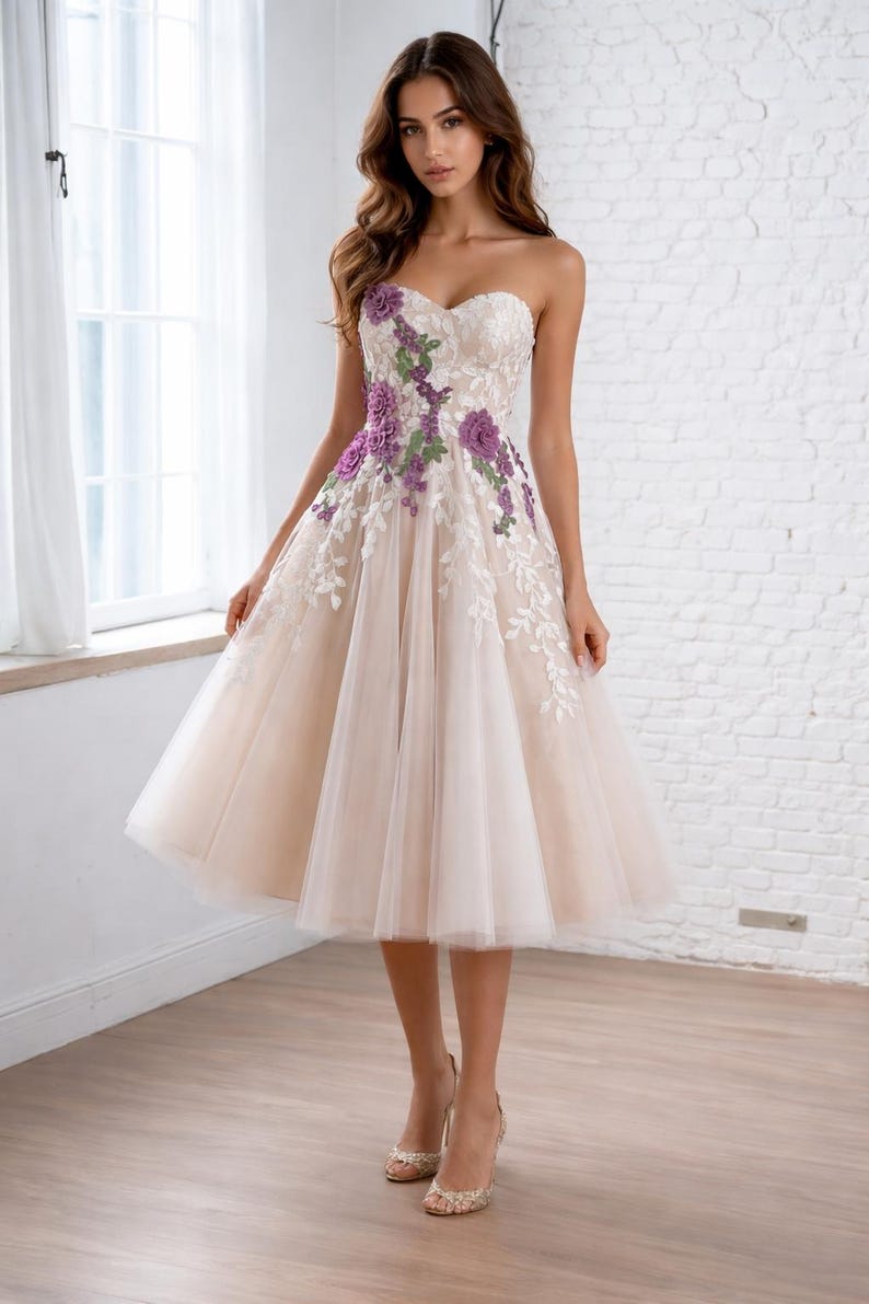 Purple wedding - Embroidered Lace Short Bridal Dress