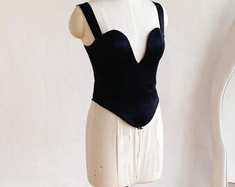 Black Duke Satin Bridal Corset: Deep V Neckline Women Corset