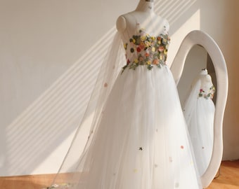 Embroidered Lace Flower Wedding Dress: V Neck Handmade Floral Garden Gown /Autumn Wedding Dress