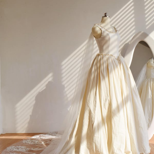 Vintage Cotton Wedding Dress/Square Neckline Warm Ivory Classic Bridal Dress: Basque Waistline Costume Dress /Photoshoot Dresses