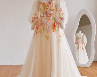 Embroidered Lace Floral Wedding Dress :  Bubble Sleeve  A-line Fall Engagement Dress