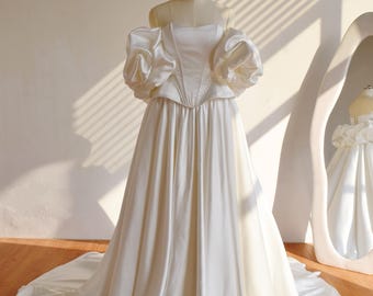 Ivory Two Piece Wedding Dress Corset and Skirt Set: Bridal Gown with Cathedral Train