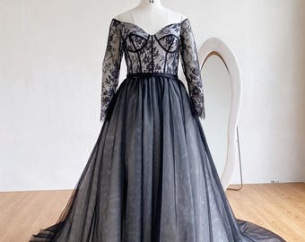 French Lace Black Wedding Dress: Long Sleeve Gothic Bridal Ball Gown