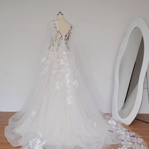 Embroidered Floral Lace Cape Veil - Cathedral Bridal Train
