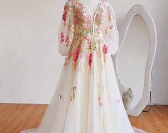 Embroidered Lace Hot Pink Flowers  Wedding Dress: 2027  New V Neck Handmade Floral Garden Bridal Gown