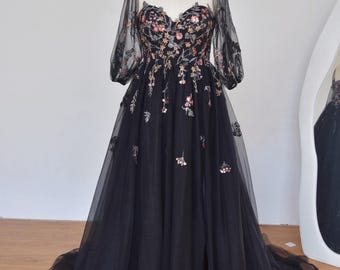 Black Floral Lace Wedding Dress: Embroidered Bell Sleeve Evening Gown