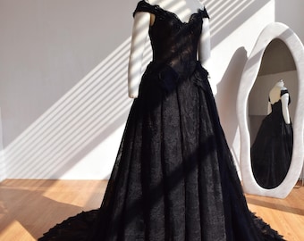 Black Eyelash Lace Wedding Dress: Off Shoulder A-line Bridal Gown