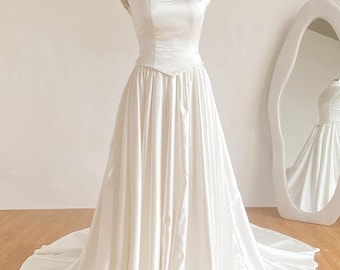 2 Pieces Simple Wedding Dress : Silk Corset & Cathedral Train Skirt Reception Dress