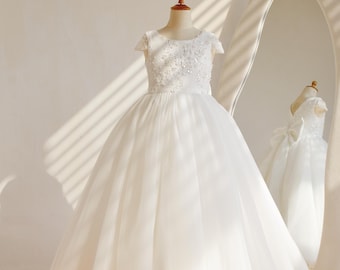 Ivory Beaded Lace Tulle Flower Girl Dress: Ankle Length Communion Party Gown