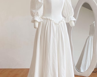 Ivory Cotton Vintage Bridal Gown/ Off White Wedding Dress: Basque Waist Puffy Sleeve Gown