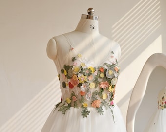 Vintage Embroidered Lace Flowers  Wedding Dress: V Neck Handmade Floral Garden Bridal Gown