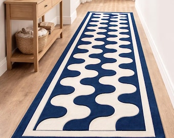 Navy Blue Cream Wavy Runner Rug, Hand Tufted Wool Hallway Carpet, Modern Entryway Decor, Modern Wavy Geometric Carpet, Custom Size