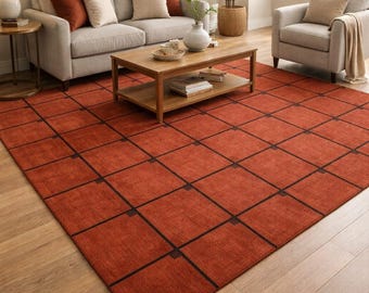 Hand Tufted Wool Area Rug, Modern Terracotta Geometric Rug