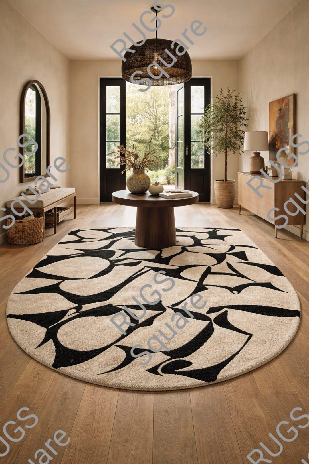 Abstract Hand-tufted Wool Area Rug: Modern Beige & Black Vintage Design ...