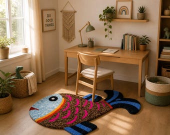 Hand Tufted Wool Fish Rug – Colorful Cartoon Animal Kids Room Decor