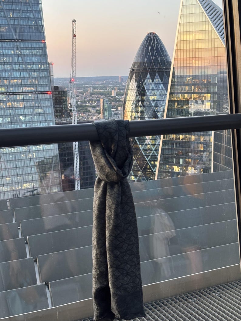 K&ouml;nnte beinhalten: Ein dunkelgrauer Schal mit geometrischem Muster h&auml;ngt vor dem Hintergrund moderner Wolkenkratzer. Der Schal ist &uuml;ber einem Metallgel&auml;nder drapiert, mit einer durch das Glas sichtbaren Stadtlandschaft. Die Textur und das Design des Schals sind deutlich sichtbar.