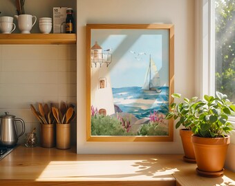 Sailboat and Lighthouse Wall Art, Beach House Decor, Watercolor Coastal Wall Art, Living Room Decor, Gift Idea, Digital Download