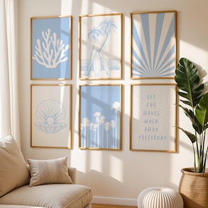 Blue Beach Wall Art, Coastal Wall Art Set of 6 Prints, Beach Gallery Wall Decor, Gift Idea, Living Room Decor, Digital Download
