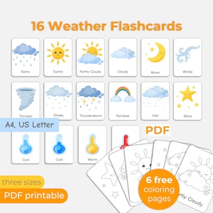 Weather Flashcards PDF for Kids, Printable Weather Cards, Montessori Learning, Preschool ESL, Coloring Pages Bonus