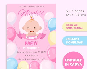 Editable First Birthday Invitation Girl | Pink Balloon Canva Template | 1st Birthday Digital Invite Printable