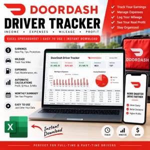 May include: A digital DoorDash driver tracker Excel spreadsheet displayed on a laptop screen and a smartphone. The interface shows earnings, expenses, mileage, and profit data with charts and tables. Includes icons for tracking, analysing, and growing.