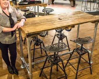 Breakfast Bar Table Industrial Style Galvanised Steel legs High Table Kitchen Island Rustic Reclaimed Timber Wood 3 Planks