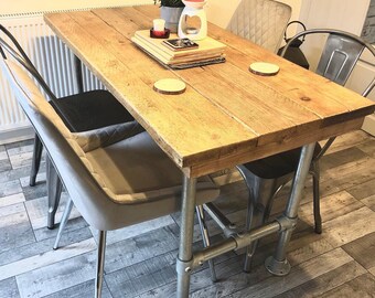 3 Planks Industrial Dining Table Reclaimed Wood Galvanised Steel Legs Dining Table Industrial Modern Rustic Reclaimed Scaffolding