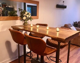 Bar Dining Table 3 Planks High Breakfast Table Dark Grey Legs Reclaimed Timber Wood & Raw Steel