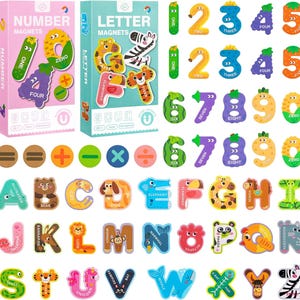 May include: Brightly coloured magnetic number and letter sets for children. The number set includes numbers 0-9 and maths symbols. The letter set features the alphabet with animal illustrations. The packaging is pink and teal.