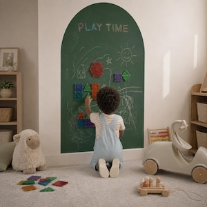 May include: A dark green arched wall decal with the text PLAY TIME written in chalk. The surface features various colourful translucent geometric magnetic tiles attached to it, alongside chalk drawings of a sun, a house, and a star.
