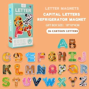 May include: A set of colourful letter magnets for children. The set includes 26 cartoon letters, each with an animal illustration. The gift box measures 18 x 10 x 4 cm. The letters are designed to be used as refrigerator magnets.