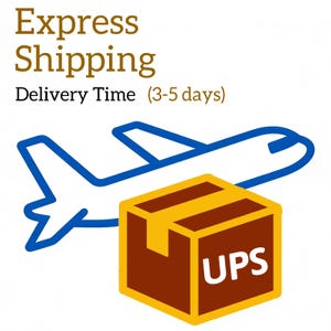 May include: An illustration featuring a brown and yellow UPS package with the word "UPS" in white, a blue airplane, and the words "Express Shipping" and "Delivery Time (3-5 days)" in brown and black text.