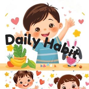 Op de afbeelding: Een kleurrijke illustratie met het woord "COLORING" bovenaan. Hieronder staat een lachend kind met opgeheven armen, met de woorden "Daily Habit" in vette letters. Andere stripfiguren en objecten zijn ook aanwezig.
