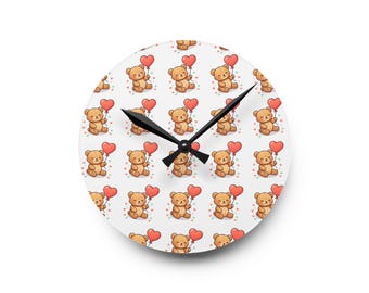 May include: Round wall clock with a white face featuring a repeating pattern of cartoon teddy bears holding red heart-shaped balloons. The clock has black hands and a simple, modern design, perfect for a child's room or nursery.