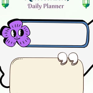 Può includere: Un Ramazan Daily Planner con sfondo bianco. Il titolo è in verde acqua e viola. Un fiore viola con una faccia è a sinistra. Ci sono due caselle vuote per le note. Lanterne e stelle verdi pendono dall'alto.
