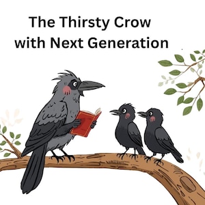 May include: Illustration of a gray crow reading a red book to two smaller black crows perched on a tree branch. The image includes the text "The Thirsty Crow with Next Generation". The background is white with green leaves.