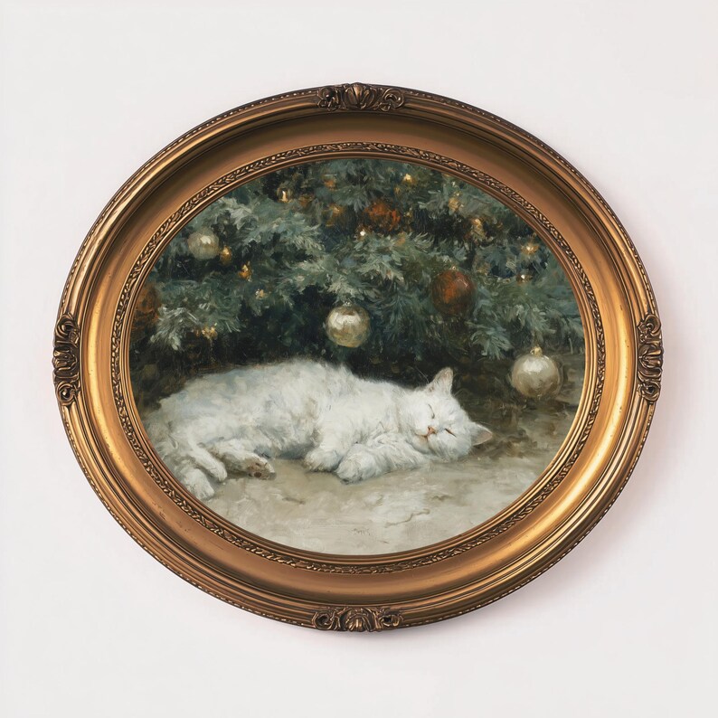 May include: An oval, gold-framed painting depicts a sleeping white cat beneath a decorated Christmas tree. The tree is adorned with ornaments. The painting has a vintage, classic style.